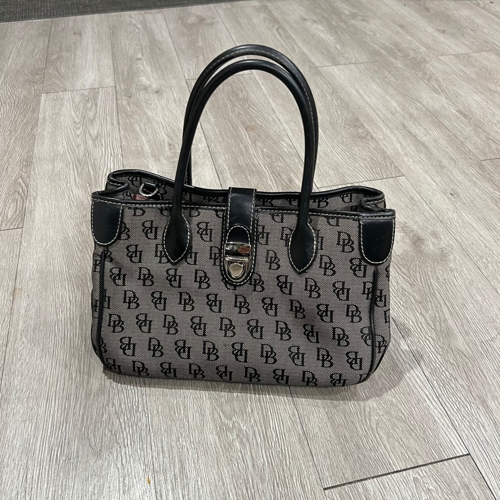 VTG Dooney Bourke Signature Monogram Tote Bag Black Gray Leather Trim 90s Y2K